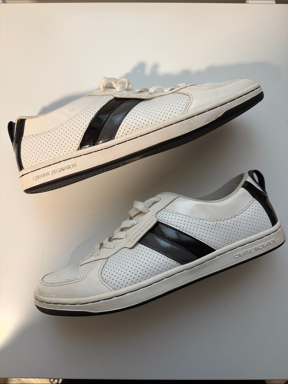 Creative Recreation Men’s White Leather Sneakers with Black Accent Stripes